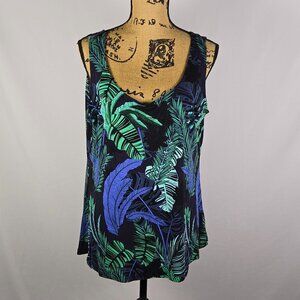 Ellos Tropical Leaf Print Tank Top Womens M Sleeveless Rayon Green Resort Boho‎